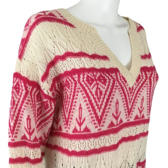 Sundance Brixen Fair Isle V-Neck Sweater Size M Wool Blend Pointelle Pink White - Picture 10 of 16